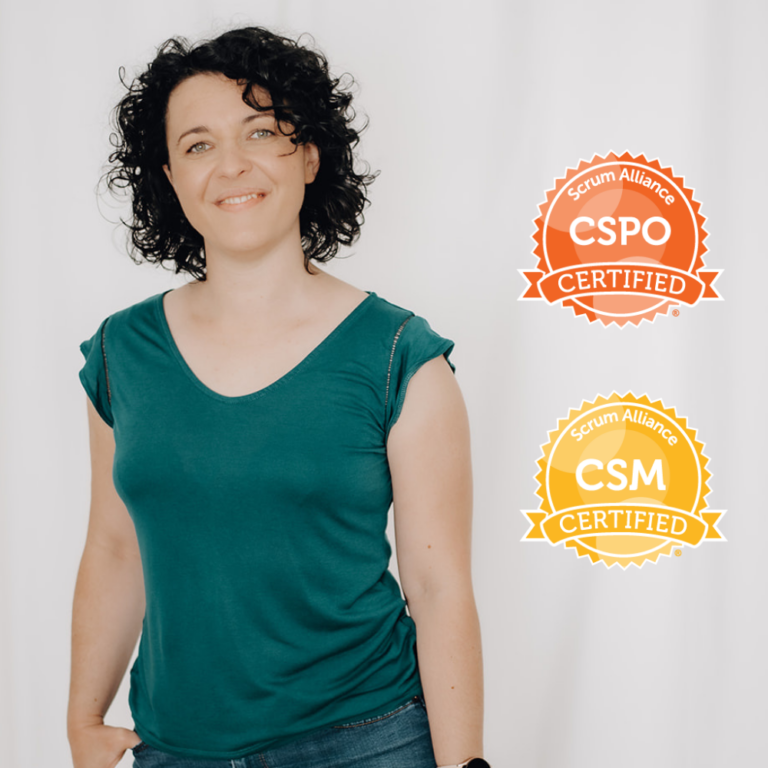 Paulina Hornbachner smiles into the camera. The Badges are "Certified Scrum Product Owner" and "Certified Scrum Master"